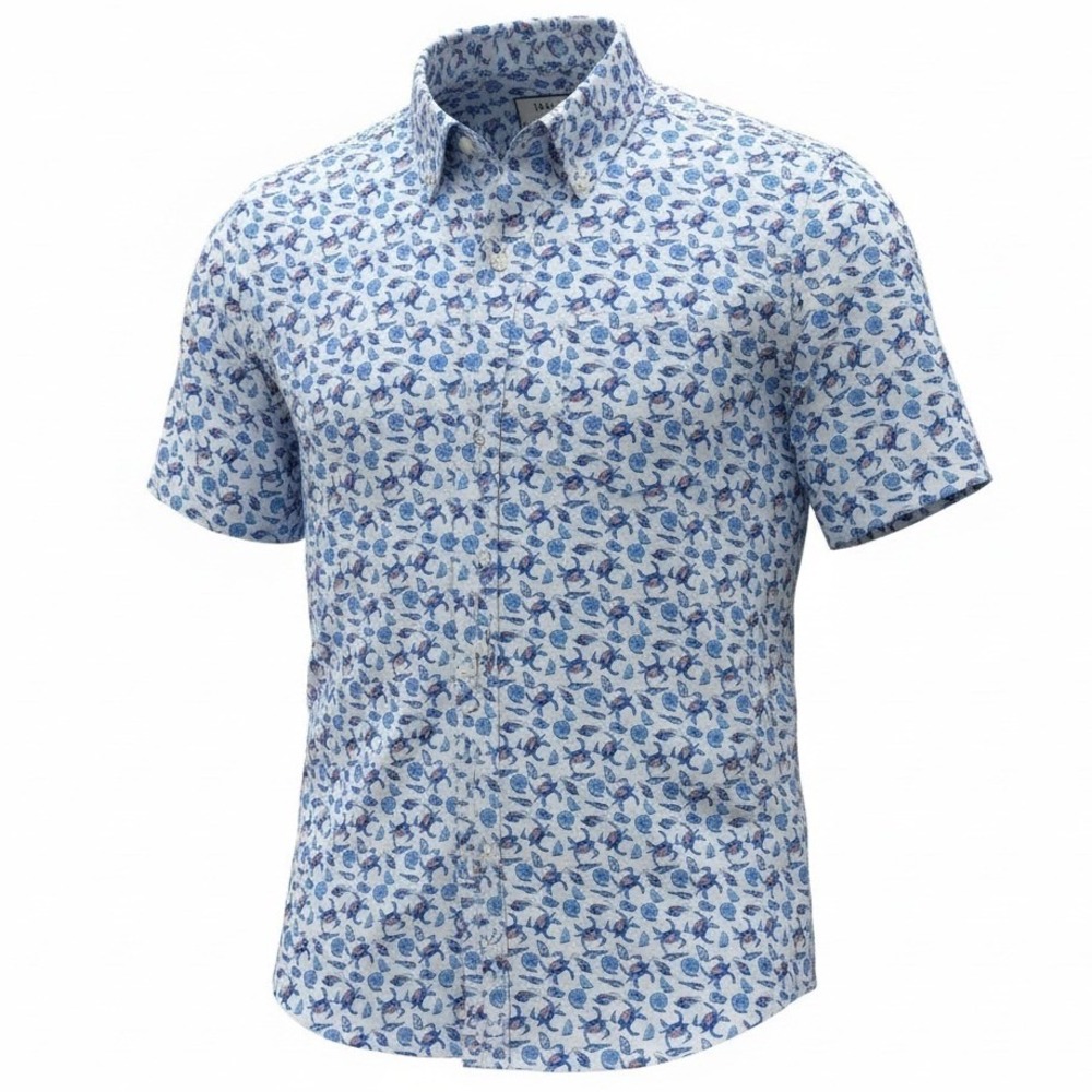 Huk Mens Size S Small Kona Printed Short Sleeve Button Down Shirt Blue Crab Lime